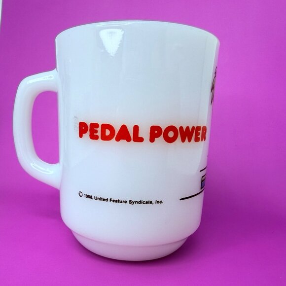 Vintage 1958 Snoopy Peanuts PEDAL POWER Mug Fire-King Anchor Hocking Milk Glass - Picture 6 of 9